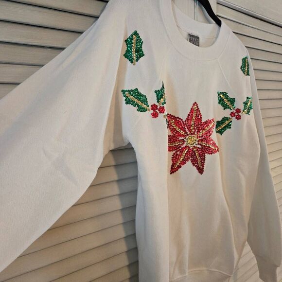 Vintage Hanes Christmas Sweatshirt Sequin Poinsettia & Holly Handmade Large - Picture 3 of 8